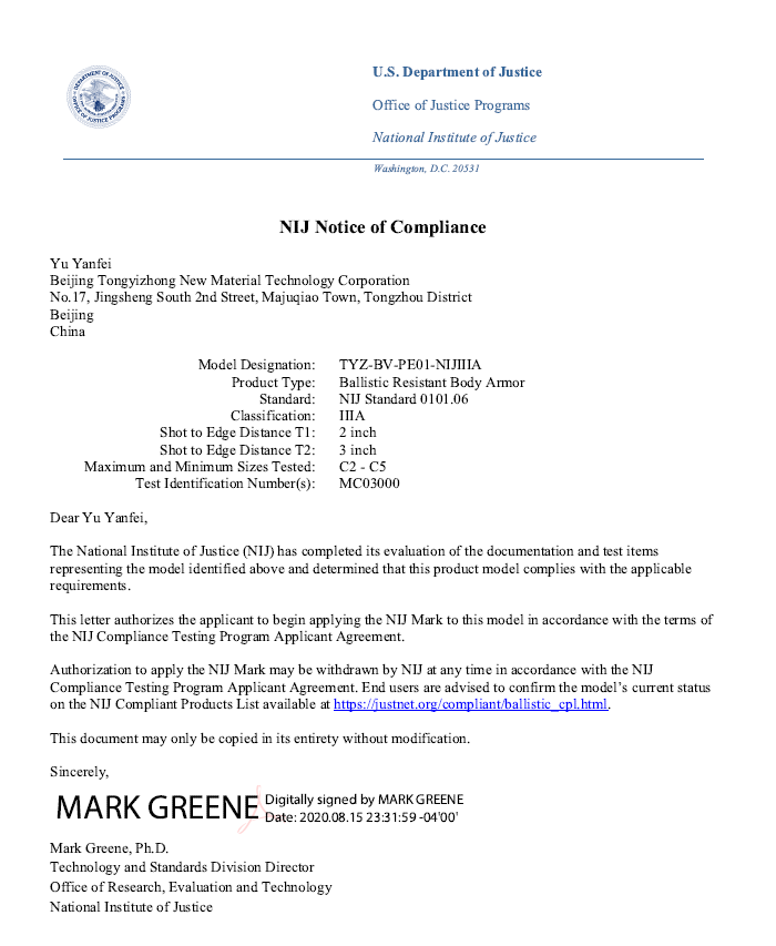 Level IIIA NIJ CERTIFIED LETTER